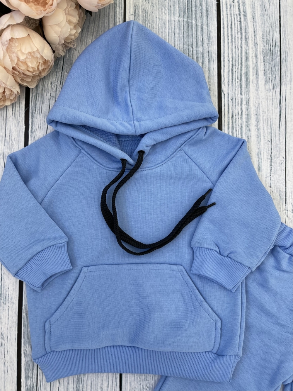 311-Г. Свитшот с капюшоном + Штаны, хлопок 65%, 35% ПЭ, 3-х нитка ( без начеса) голубой 80,86,92