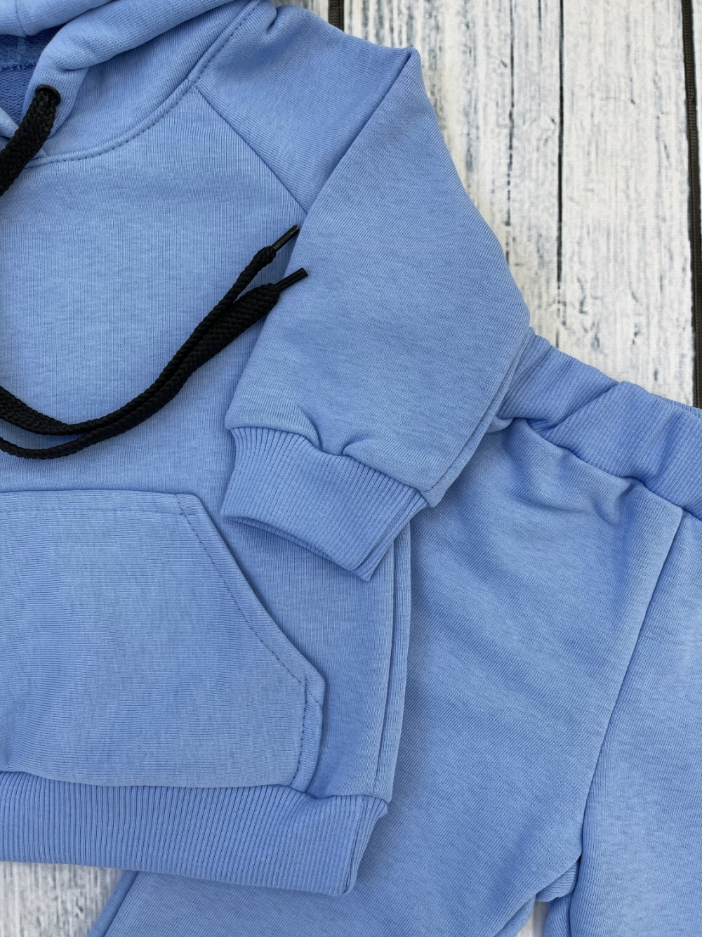 311-Г. Свитшот с капюшоном + Штаны, хлопок 65%, 35% ПЭ, 3-х нитка ( без начеса) голубой 80,86,92